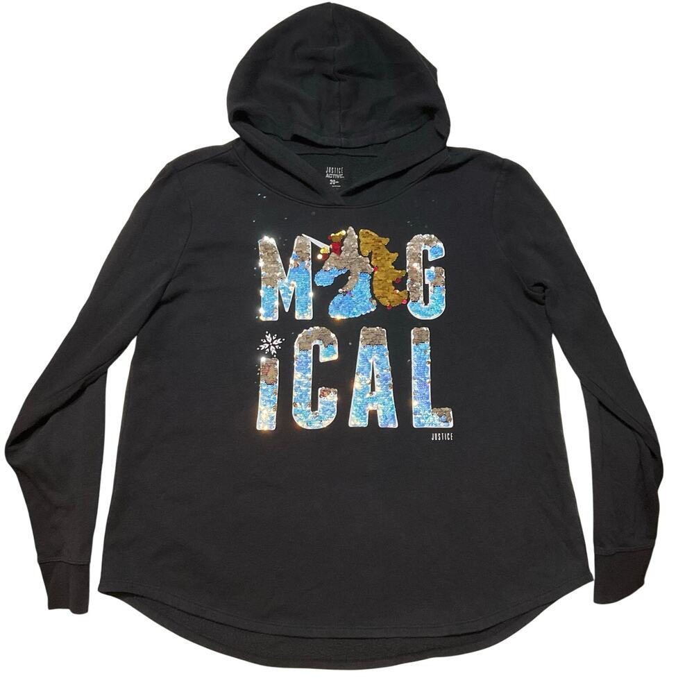 Justice Active Women Hoodie Sweatshirt size 20 Plus Black Fleece Sequin Magical